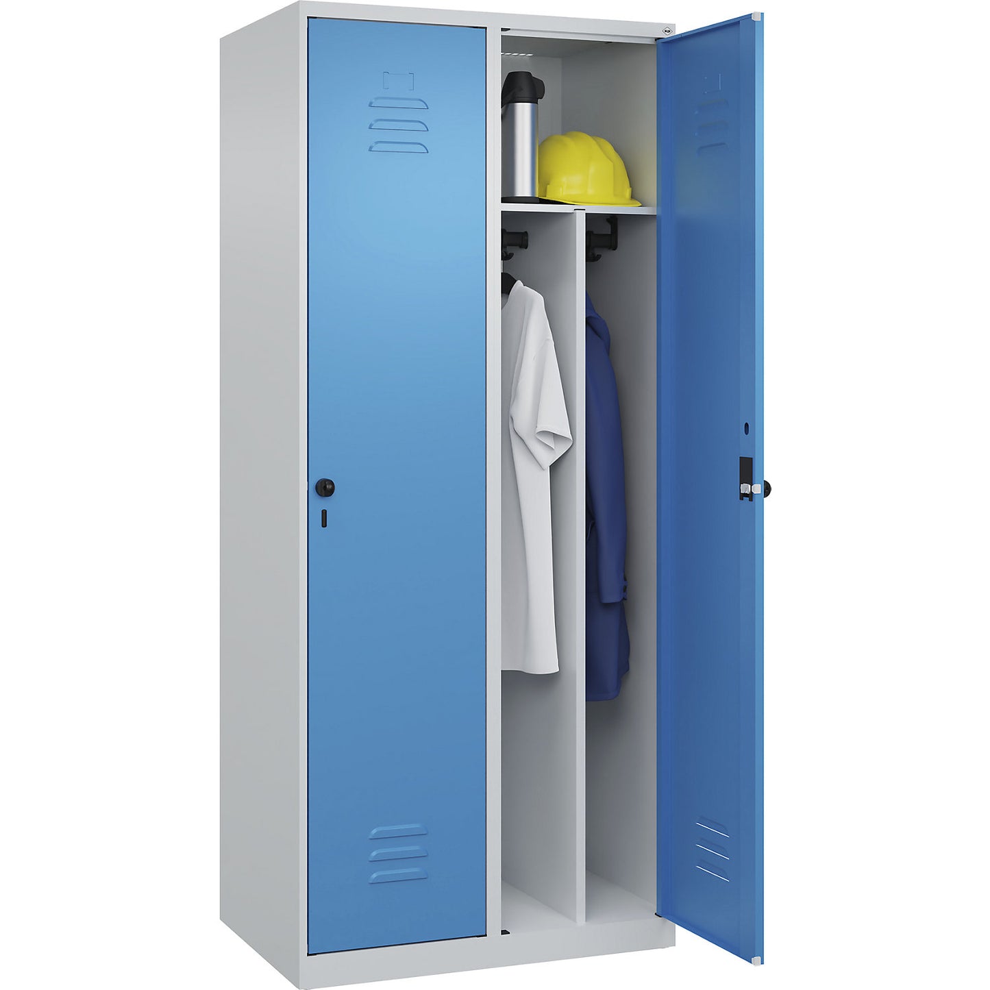 Classic PLUS clean and dirty clothes locker, narrow, 2 compartments, shortened centre divider, light grey/light blue, W 800 mm, with floor glides, rotary bolt, centre partition.