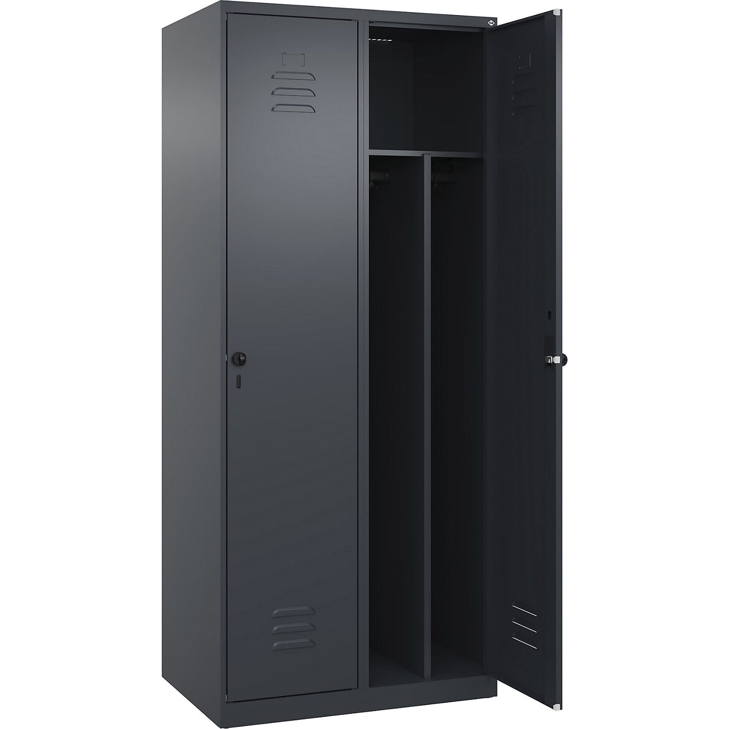 Classic PLUS clean and dirty clothes locker, narrow, 2 compartments, shortened centre divider, grey, W 800 mm, with floor glides, rotary bolt, centre partition.