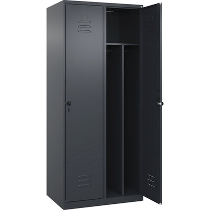 Classic PLUS clean and dirty clothes locker, narrow, 2 compartments, shortened centre divider, grey, W 800 mm, with floor glides, rotary bolt, centre partition.