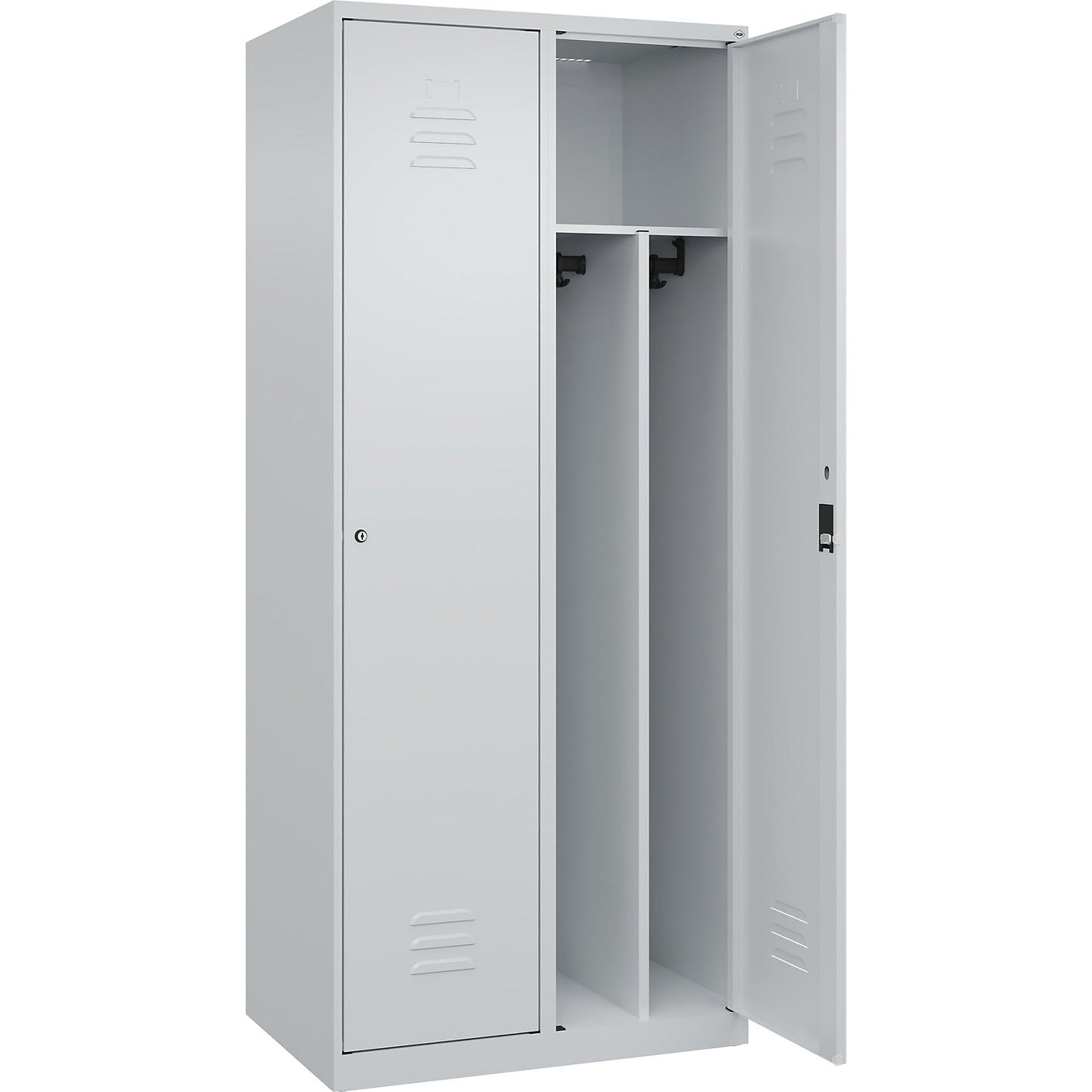 Classic PLUS clean and dirty clothes locker, narrow, 2 compartments, shortened centre divider, light grey, W 800 mm, with floor glides, cylinder lock, centre partition.