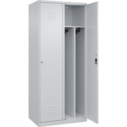 Classic PLUS clean and dirty clothes locker, narrow, 2 compartments, shortened centre divider, light grey, W 800 mm, with floor glides, cylinder lock, centre partition.