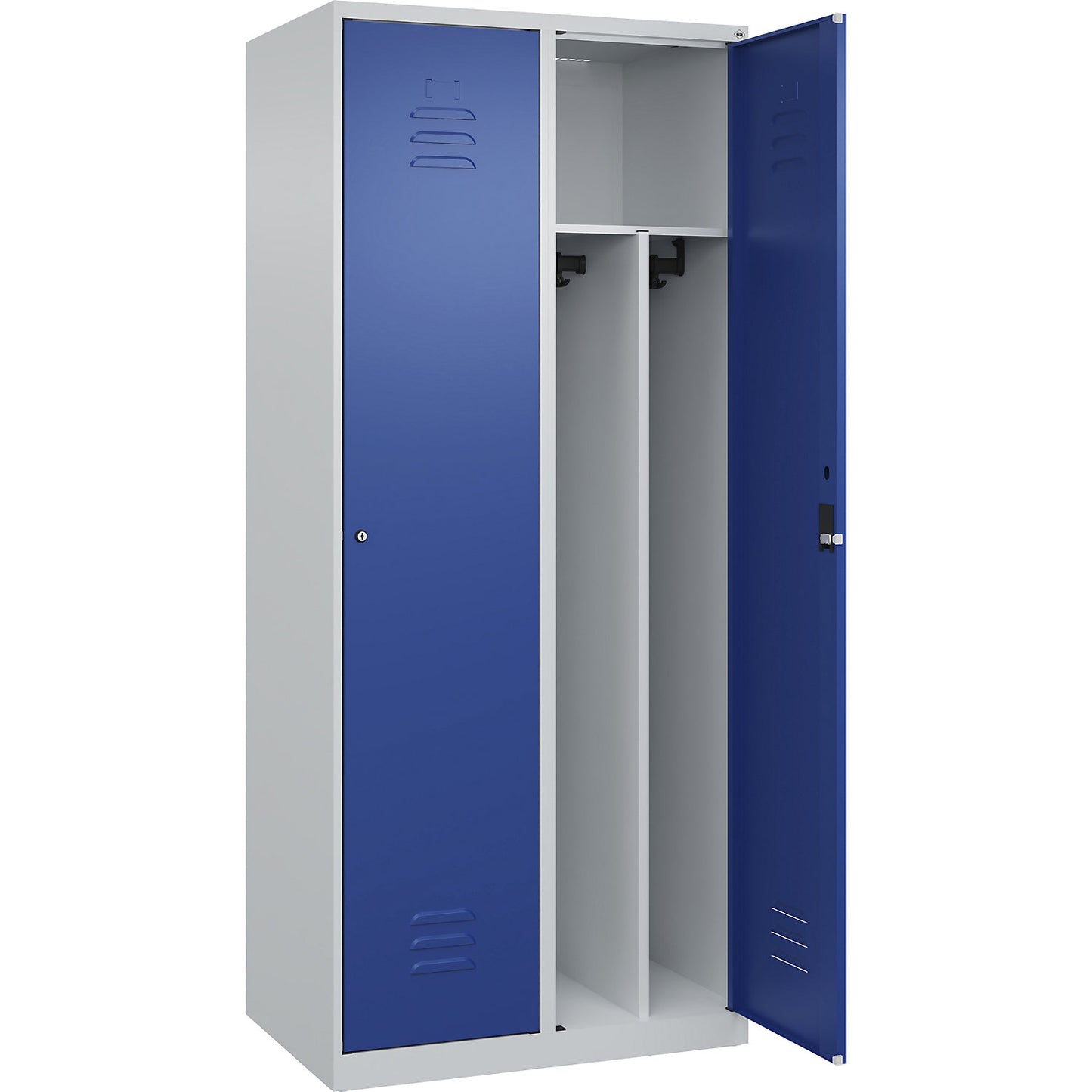 Classic PLUS clean and dirty clothes locker, narrow, 2 compartments, shortened centre divider, light grey/gentian blue, W 800 mm, with floor glides, cylinder lock, centre partition.