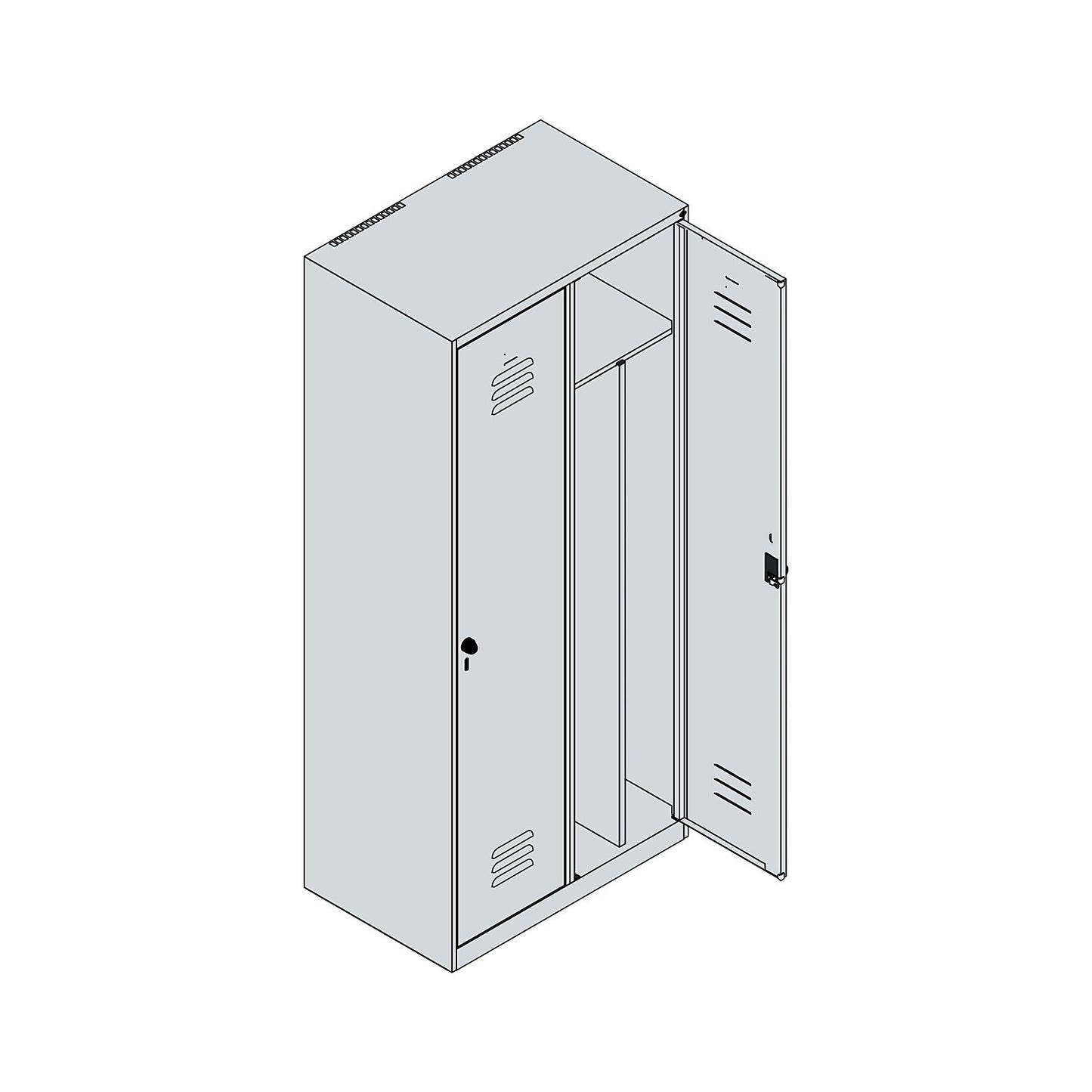 Classic PLUS clean and dirty clothes locker, narrow, 2 compartments, shortened centre divider, light grey, W 800 mm, with floor glides, cylinder lock, centre partition.