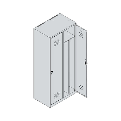 Classic PLUS clean and dirty clothes locker, narrow, 2 compartments, shortened centre divider, light grey, W 800 mm, with floor glides, cylinder lock, centre partition.