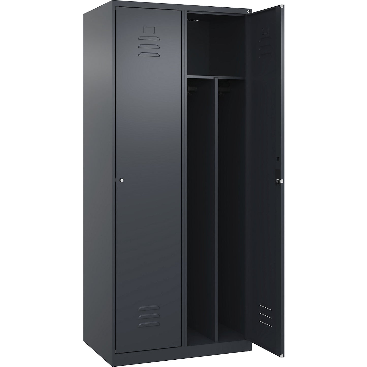 Classic PLUS clean and dirty clothes locker, narrow, 2 compartments, shortened centre divider, grey, W 800 mm, with floor glides, cylinder lock, centre partition.