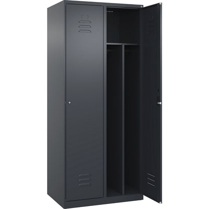 Classic PLUS clean and dirty clothes locker, narrow, 2 compartments, shortened centre divider, grey, W 800 mm, with floor glides, cylinder lock, centre partition.