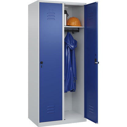 Classic PLUS clothes locker, 2 compartments, light grey/gentian blue, W 800 mm, with floor glides, rotary bolt.