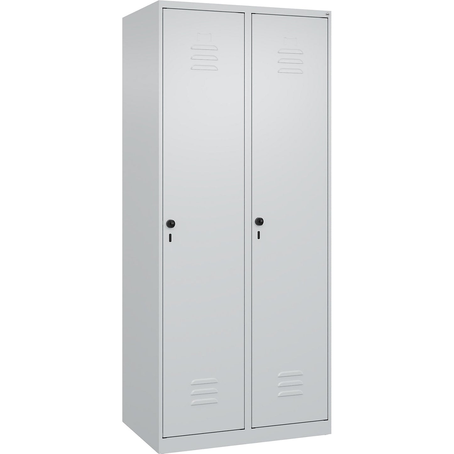 Classic PLUS clothes locker, 2 compartments, light grey, W 800 mm, with floor glides, rotary bolt.