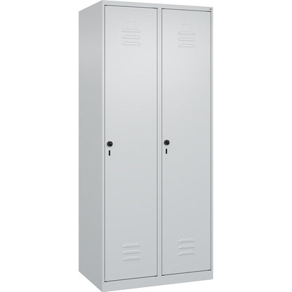 Classic PLUS clothes locker, 2 compartments, light grey, W 800 mm, with floor glides, rotary bolt.