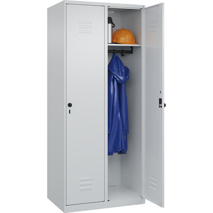 Classic PLUS clothes locker, 2 compartments, light grey, W 800 mm, with floor glides, rotary bolt.