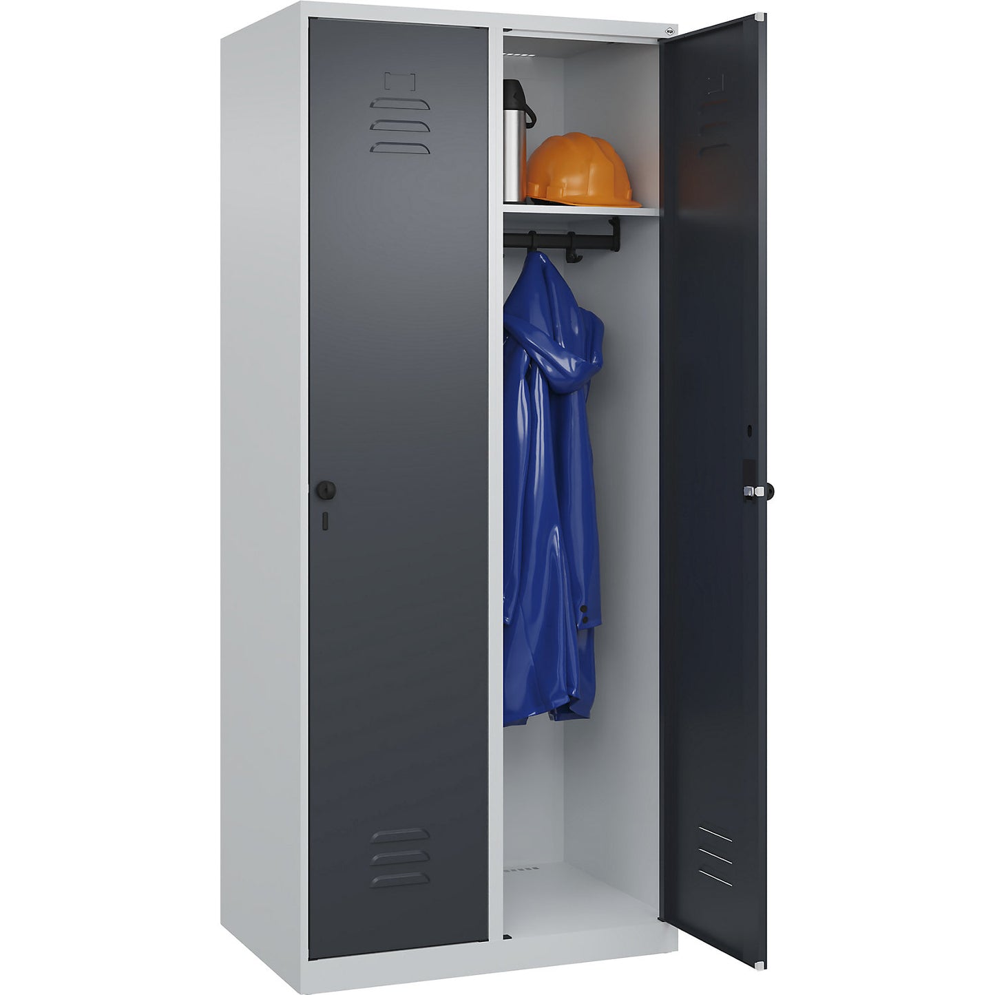 Classic PLUS clothes locker, 2 compartments, light grey/grey, W 800 mm, with floor glides, rotary bolt.