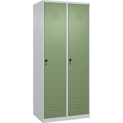 Classic PLUS clothes locker, 2 compartments, light grey/reseda green, W 800 mm, with floor glides, rotary bolt.