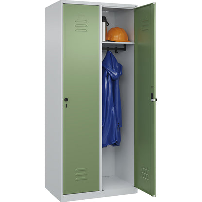 Classic PLUS clothes locker, 2 compartments, light grey/reseda green, W 800 mm, with floor glides, rotary bolt.