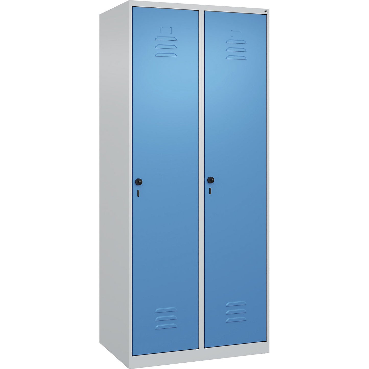 Classic PLUS clothes locker, 2 compartments, light grey/light blue, W 800 mm, with floor glides, rotary bolt.