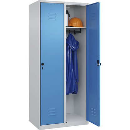 Classic PLUS clothes locker, 2 compartments, light grey/light blue, W 800 mm, with floor glides, rotary bolt.