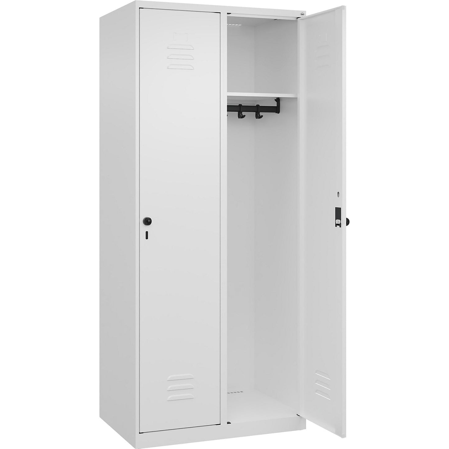 Classic PLUS clothes locker, 2 compartments, traffic white, W 800 mm, with floor glides, rotary bolt.