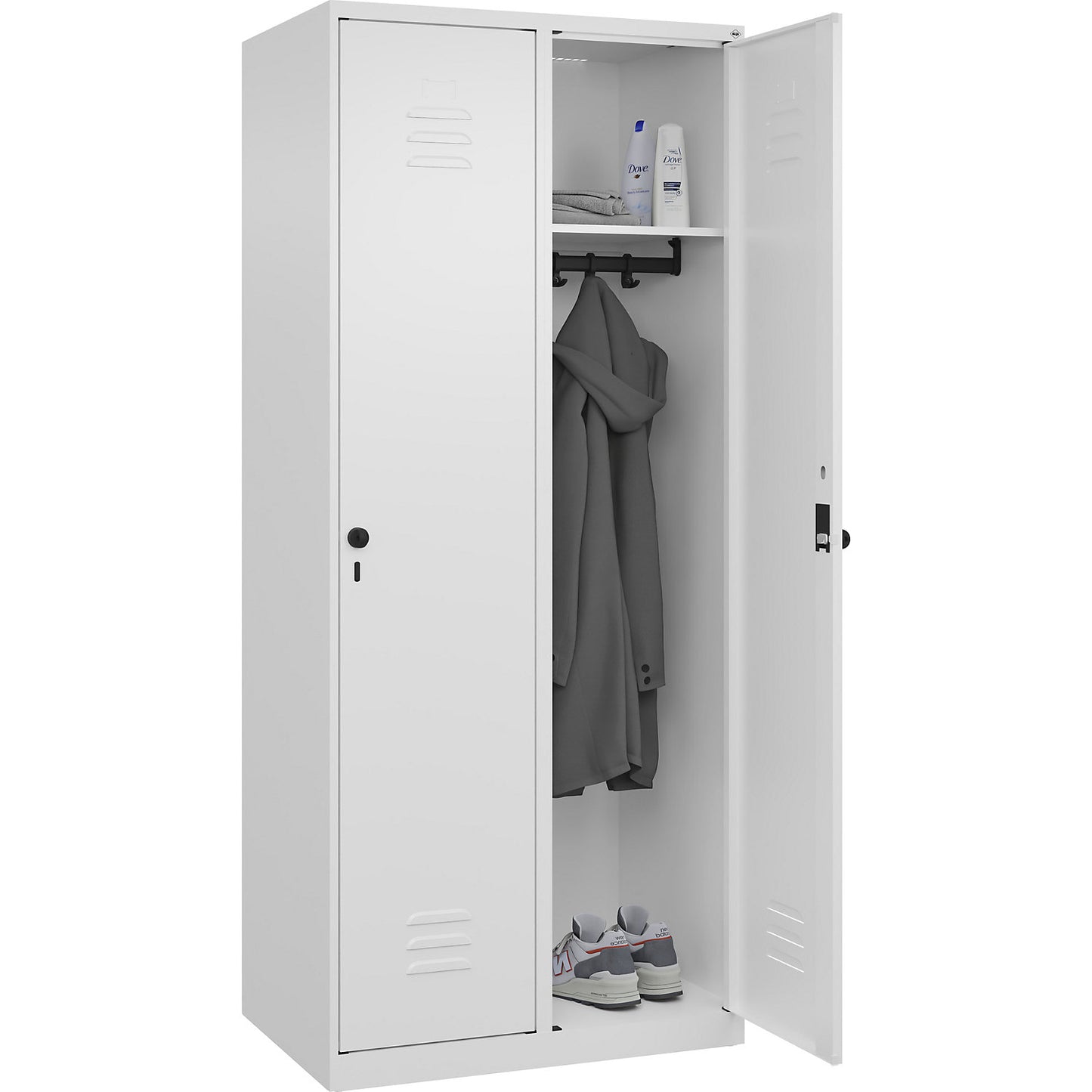 Classic PLUS clothes locker, 2 compartments, traffic white, W 800 mm, with floor glides, rotary bolt.