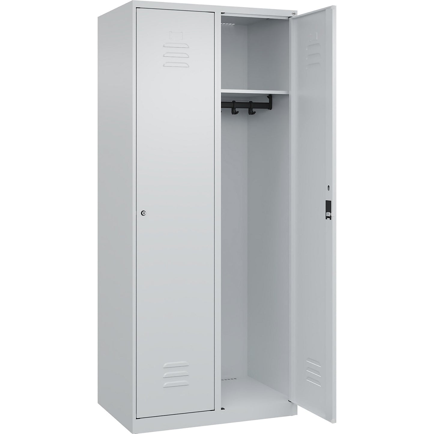 Classic PLUS clothes locker, 2 compartments, light grey, W 800 mm, with floor glides, cylinder lock.