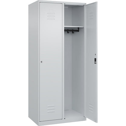 Classic PLUS clothes locker, 2 compartments, light grey, W 800 mm, with floor glides, cylinder lock.
