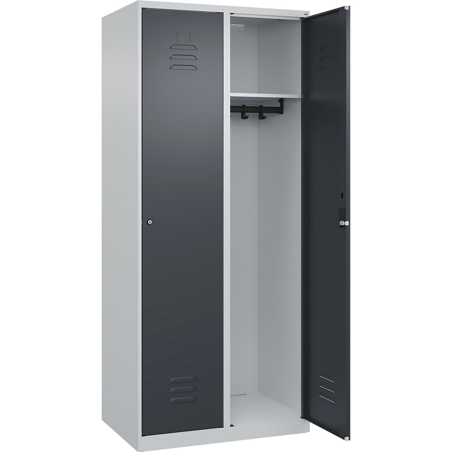 Classic PLUS clothes locker, 2 compartments, light grey/grey, W 800 mm, with floor glides, cylinder lock.
