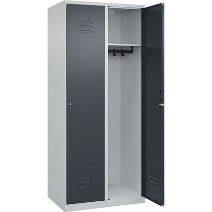 Classic PLUS clothes locker, 2 compartments, light grey/grey, W 800 mm, with floor glides, cylinder lock.