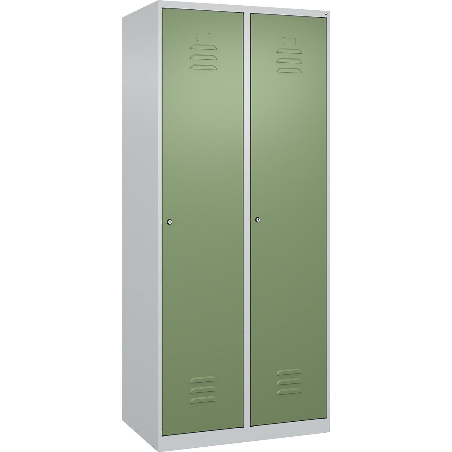 Classic PLUS clothes locker, 2 compartments, light grey/reseda green, W 800 mm, with floor glides, cylinder lock.