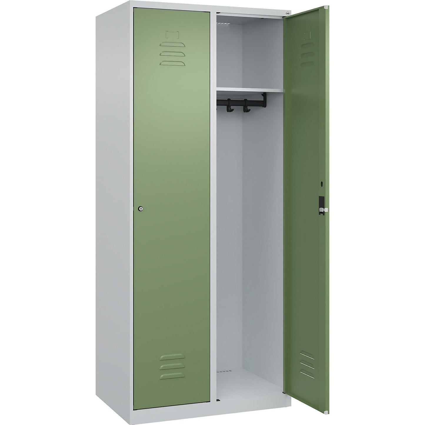 Classic PLUS clothes locker, 2 compartments, light grey/reseda green, W 800 mm, with floor glides, cylinder lock.