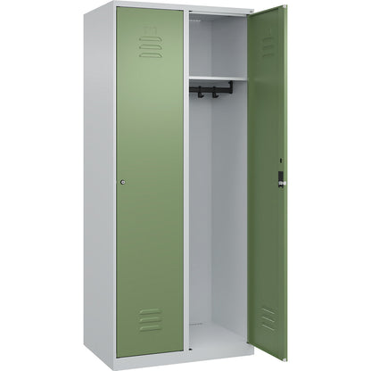 Classic PLUS clothes locker, 2 compartments, light grey/reseda green, W 800 mm, with floor glides, cylinder lock.