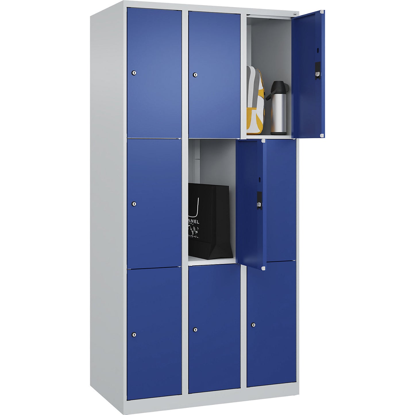 Classic PLUS 3-fold compartment locker, 3 compartments, light grey/gentian blue, W 900 mm, 9 compartments, with floor glides.
