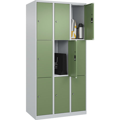 Classic PLUS 3-fold compartment locker, 3 compartments, light grey/reseda green, W 900 mm, 9 compartments, with floor glides.