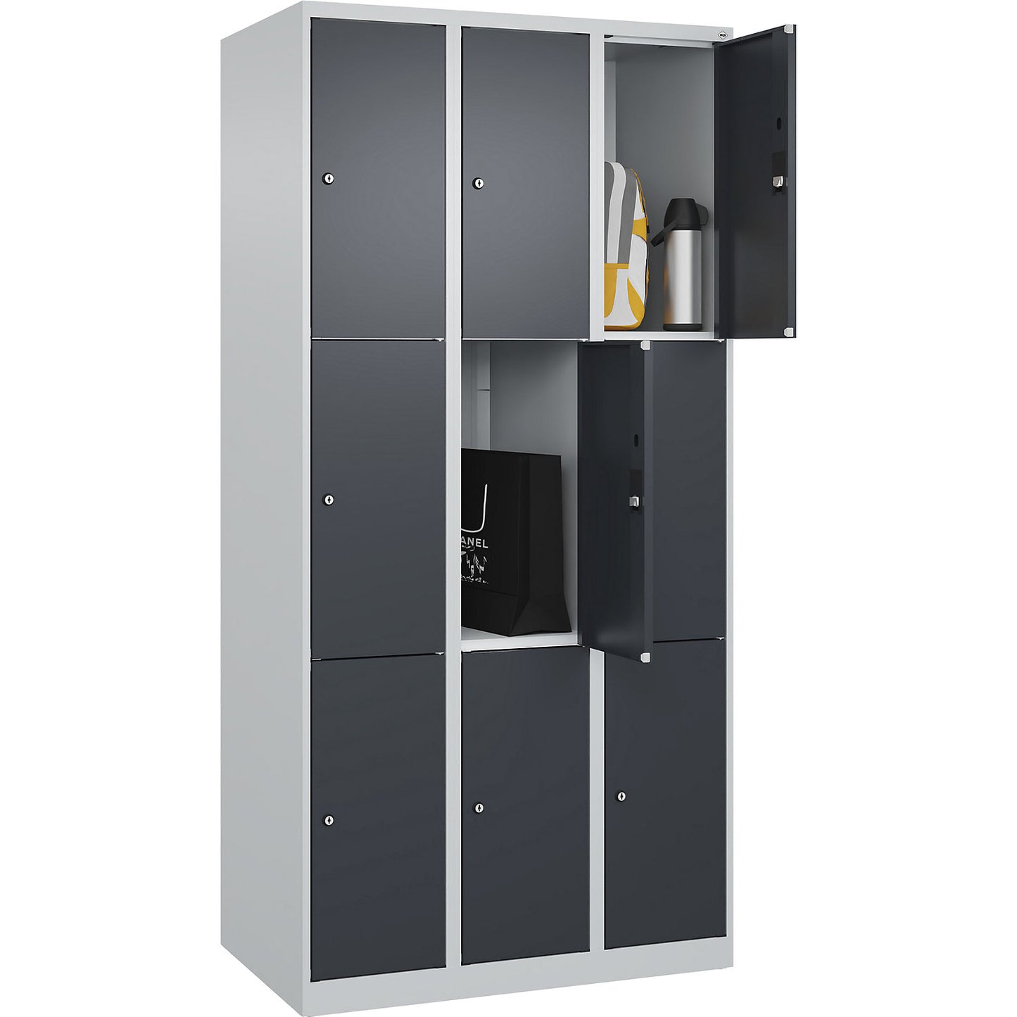 Classic PLUS 3-fold compartment locker, 3 compartments, light grey/grey, W 900 mm, 9 compartments, with floor glides.