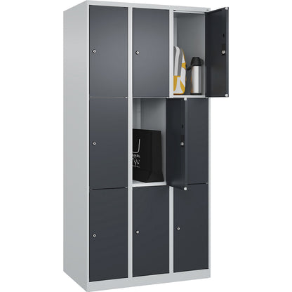 Classic PLUS 3-fold compartment locker, 3 compartments, light grey/grey, W 900 mm, 9 compartments, with floor glides.