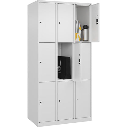 Classic PLUS 3-fold compartment locker, 3 compartments, traffic white, W 900 mm, 9 compartments, with floor glides.