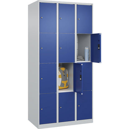 Classic PLUS 4-fold compartment locker, 3 compartments, light grey/gentian blue, W 900 mm, 12 compartments, with floor glides.