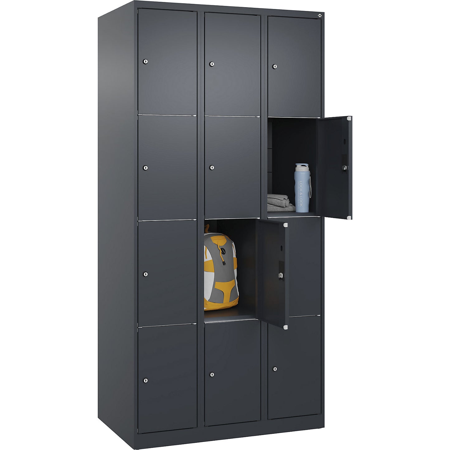 Classic PLUS 4-fold compartment locker, 3 compartments, grey, W 900 mm, 12 compartments, with floor glides.