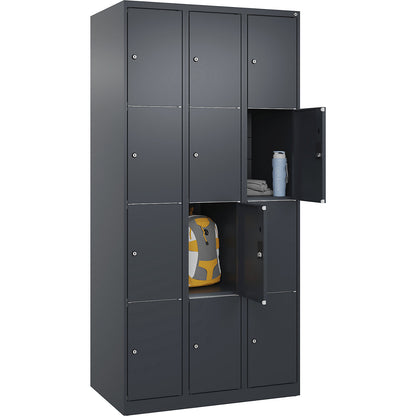 Classic PLUS 4-fold compartment locker, 3 compartments, grey, W 900 mm, 12 compartments, with floor glides.