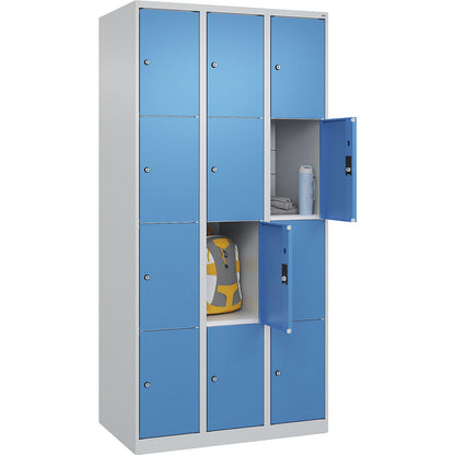 Classic PLUS 4-fold compartment locker, 3 compartments, light grey/light blue, W 900 mm, 12 compartments, with floor glides.