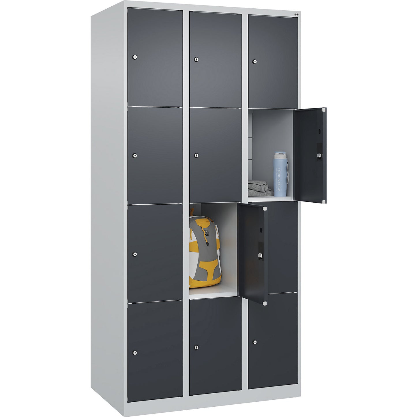 Classic PLUS 4-fold compartment locker, 3 compartments, light grey/grey, W 900 mm, 12 compartments, with floor glides.