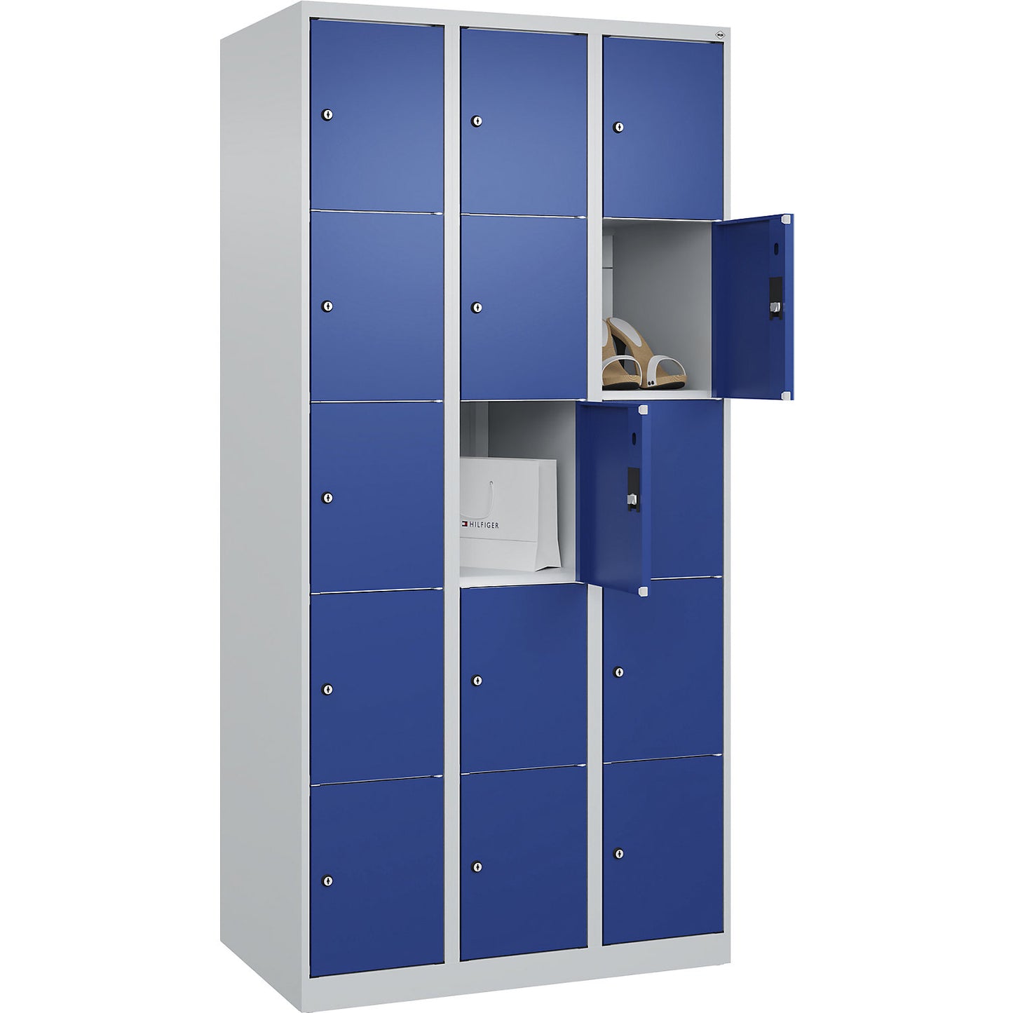 Classic PLUS 5-fold compartment locker, 3 compartments, light grey/gentian blue, W 900 mm, 15 compartments, with floor glides.