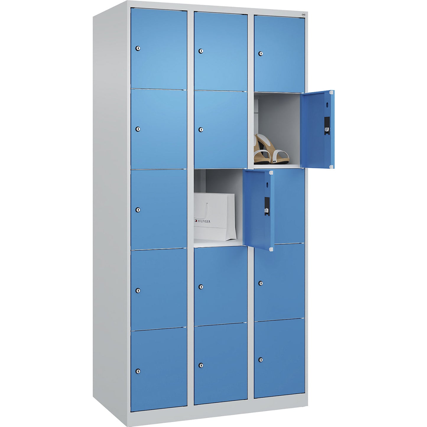 Classic PLUS 5-fold compartment locker, 3 compartments, light grey/light blue, W 900 mm, 15 compartments, with floor glides.