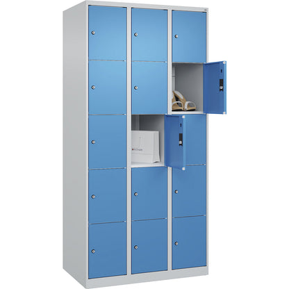 Classic PLUS 5-fold compartment locker, 3 compartments, light grey/light blue, W 900 mm, 15 compartments, with floor glides.