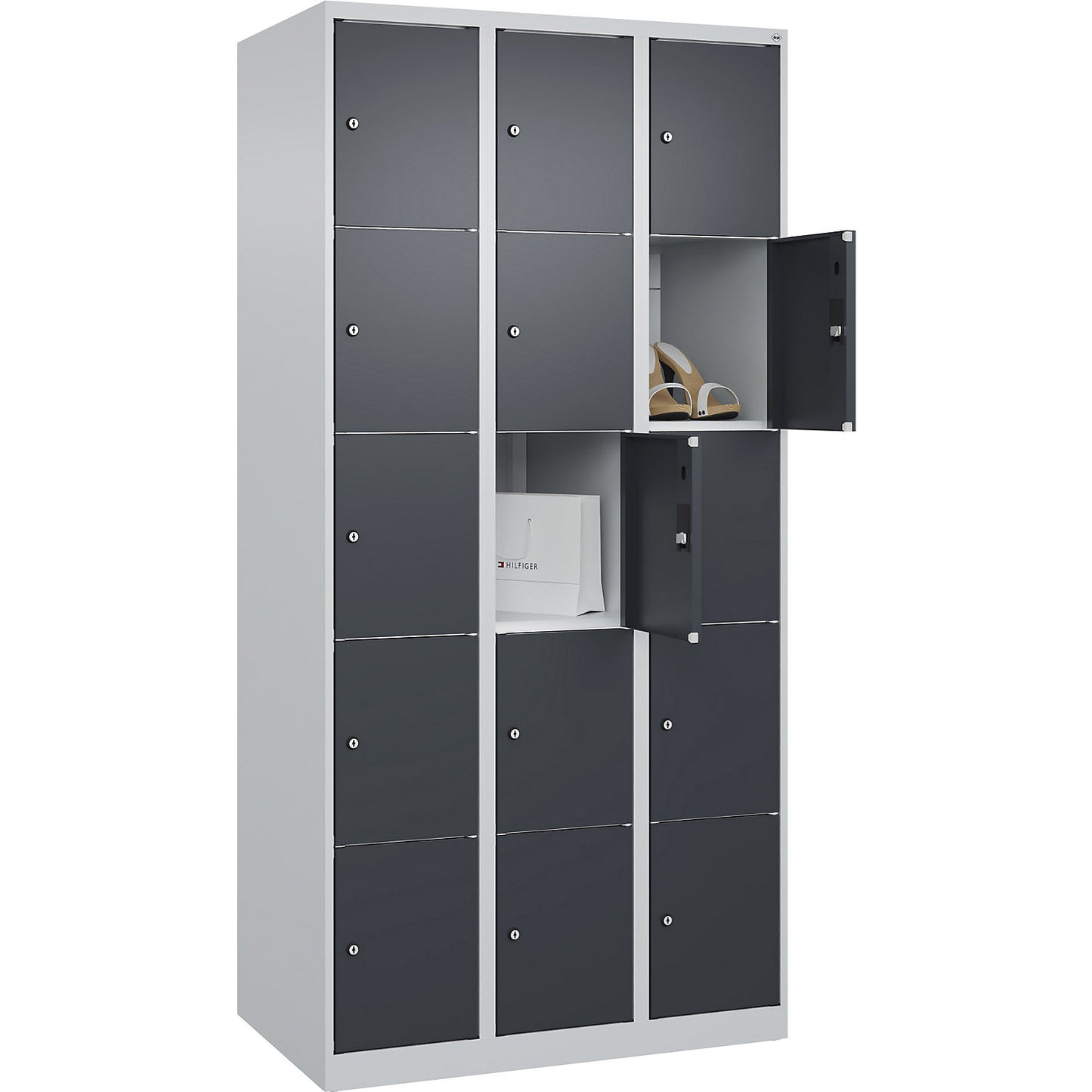 Classic PLUS 5-fold compartment locker, 3 compartments, light grey/grey, W 900 mm, 15 compartments, with floor glides.