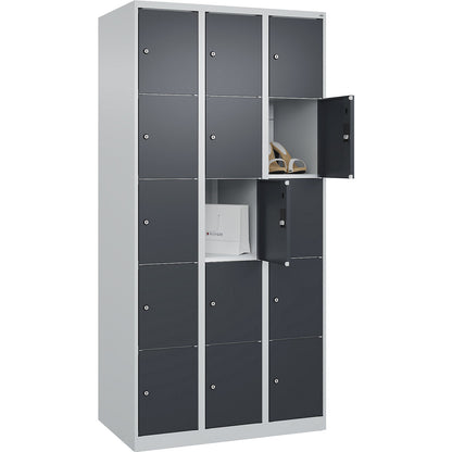 Classic PLUS 5-fold compartment locker, 3 compartments, light grey/grey, W 900 mm, 15 compartments, with floor glides.