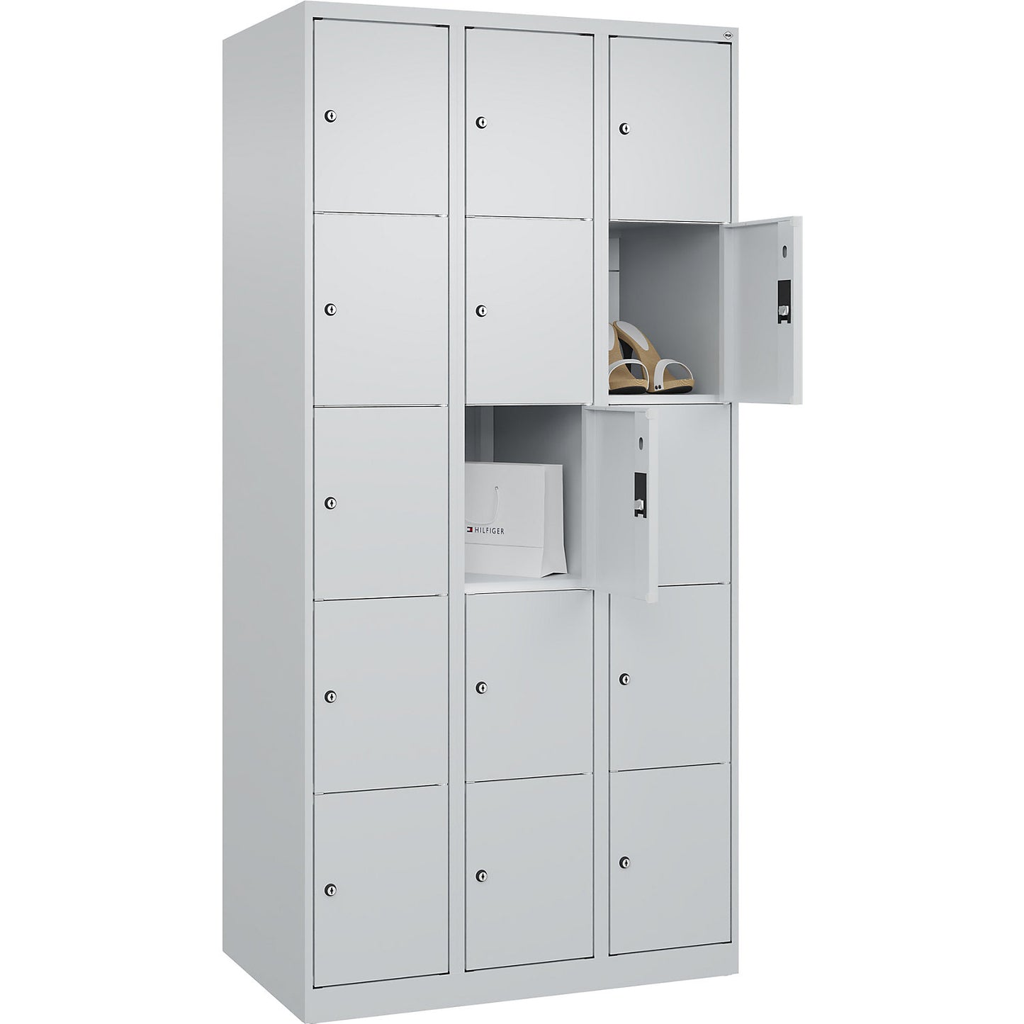 Classic PLUS 5-fold compartment locker, 3 compartments, light grey, W 900 mm, 15 compartments, with floor glides.