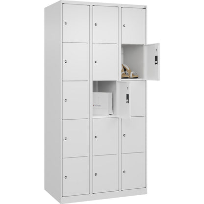 Classic PLUS 5-fold compartment locker, 3 compartments, traffic white, W 900 mm, 15 compartments, with floor glides.