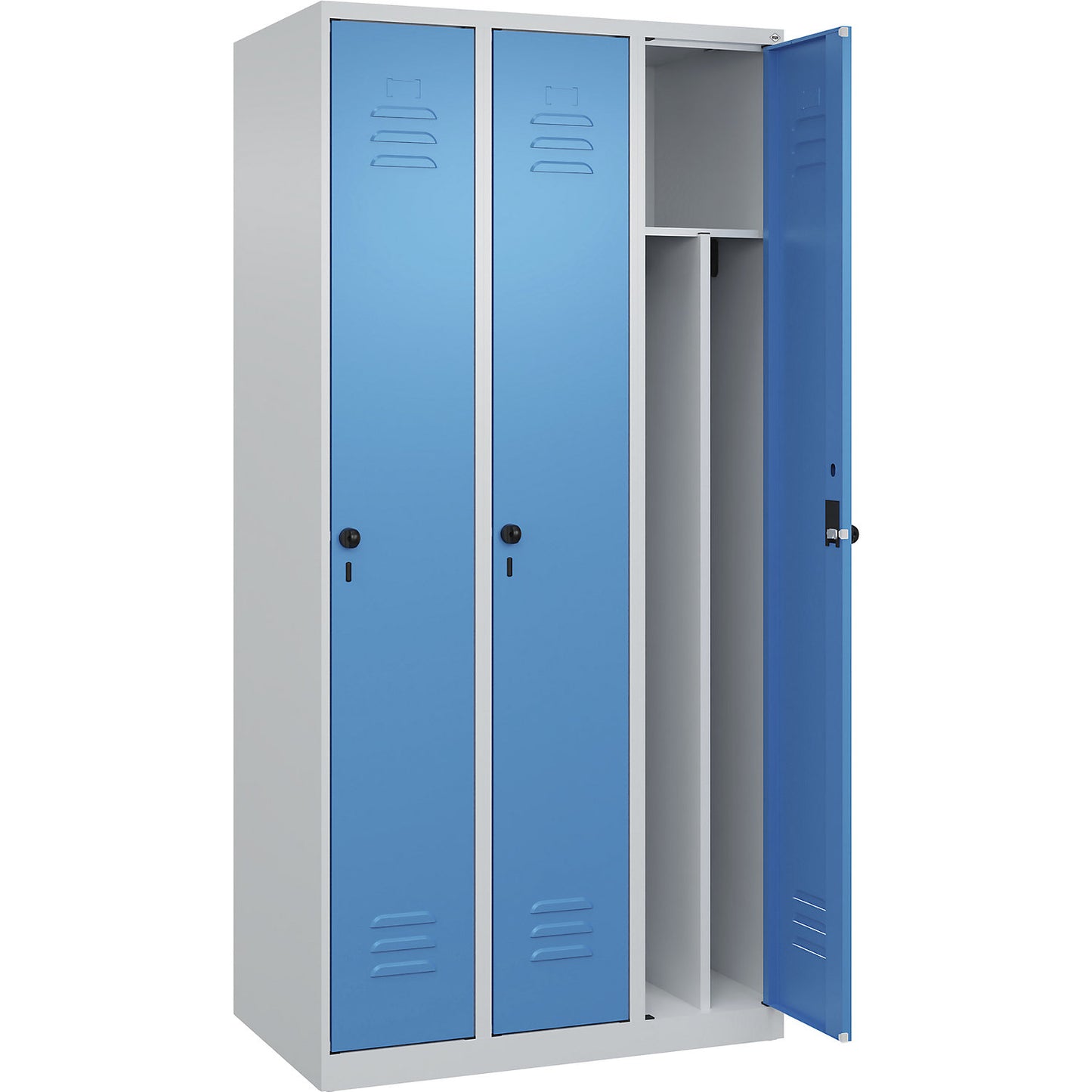 Classic PLUS clean and dirty clothes locker, narrow, 3 compartments, shortened centre divider, light grey/light blue, W 900 mm, with floor glides, rotary bolt, centre partition.