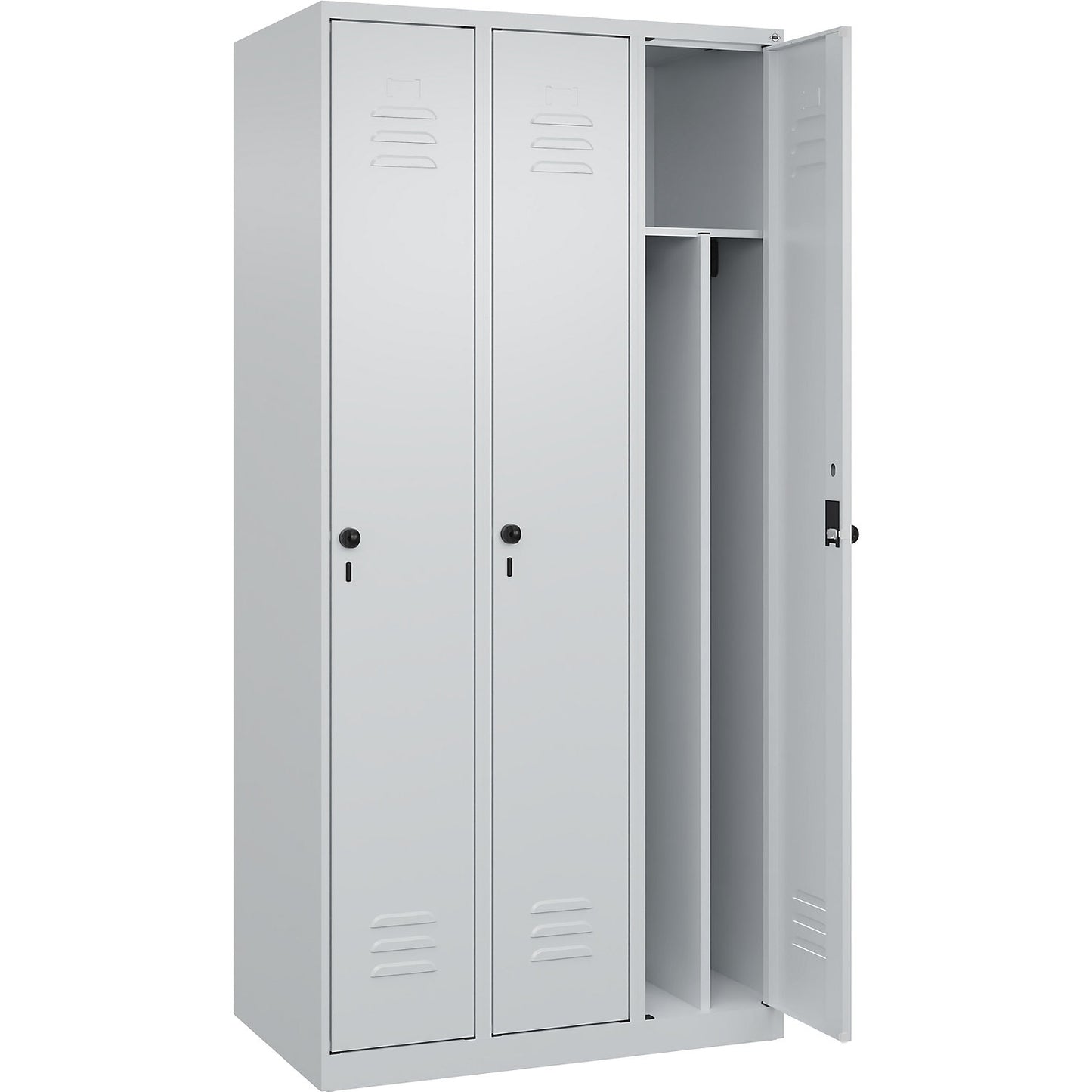 Classic PLUS clean and dirty clothes locker, narrow, 3 compartments, shortened centre divider, light grey, W 900 mm, with floor glides, rotary bolt, centre partition.