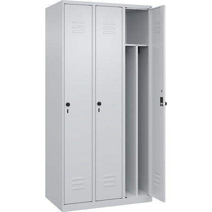 Classic PLUS clean and dirty clothes locker, narrow, 3 compartments, shortened centre divider, light grey, W 900 mm, with floor glides, rotary bolt, centre partition.