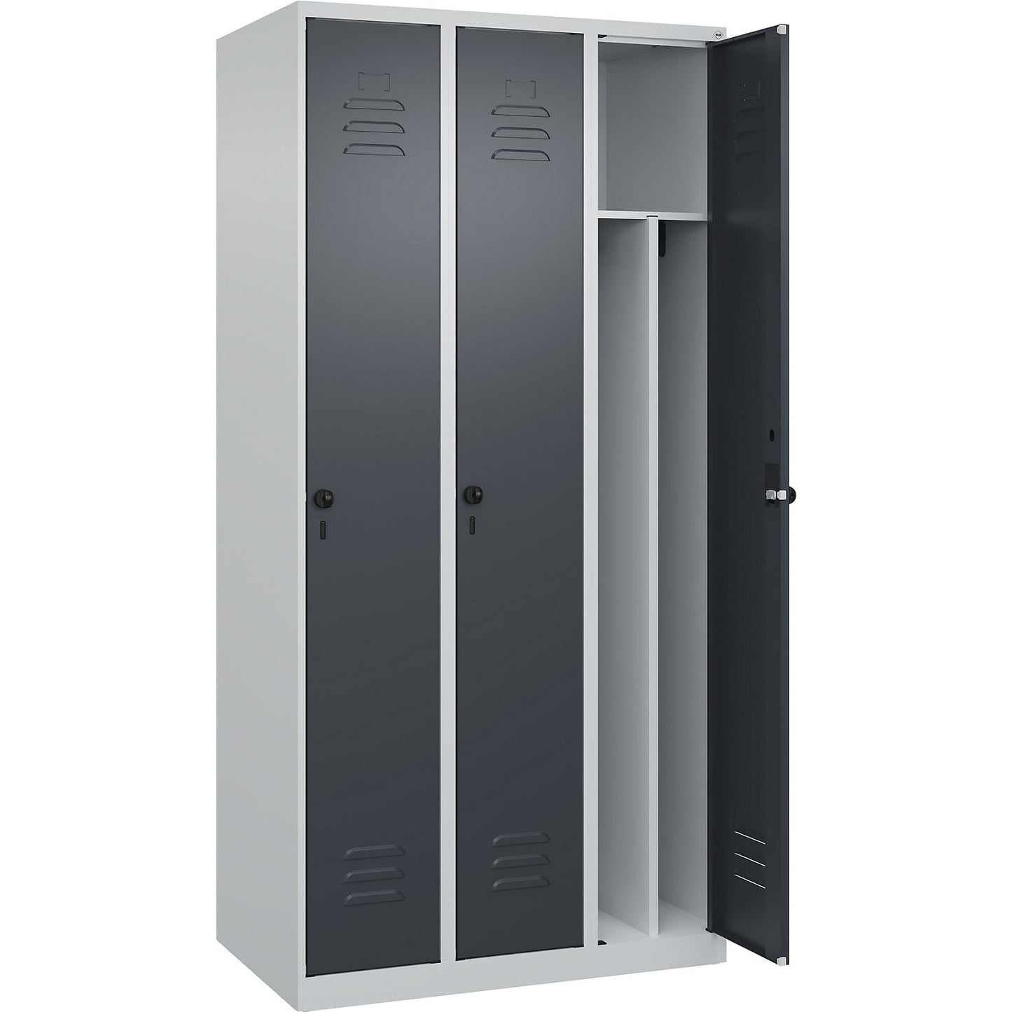 Classic PLUS clean and dirty clothes locker, narrow, 3 compartments, shortened centre divider, light grey/grey, W 900 mm, with floor glides, rotary bolt, centre partition.