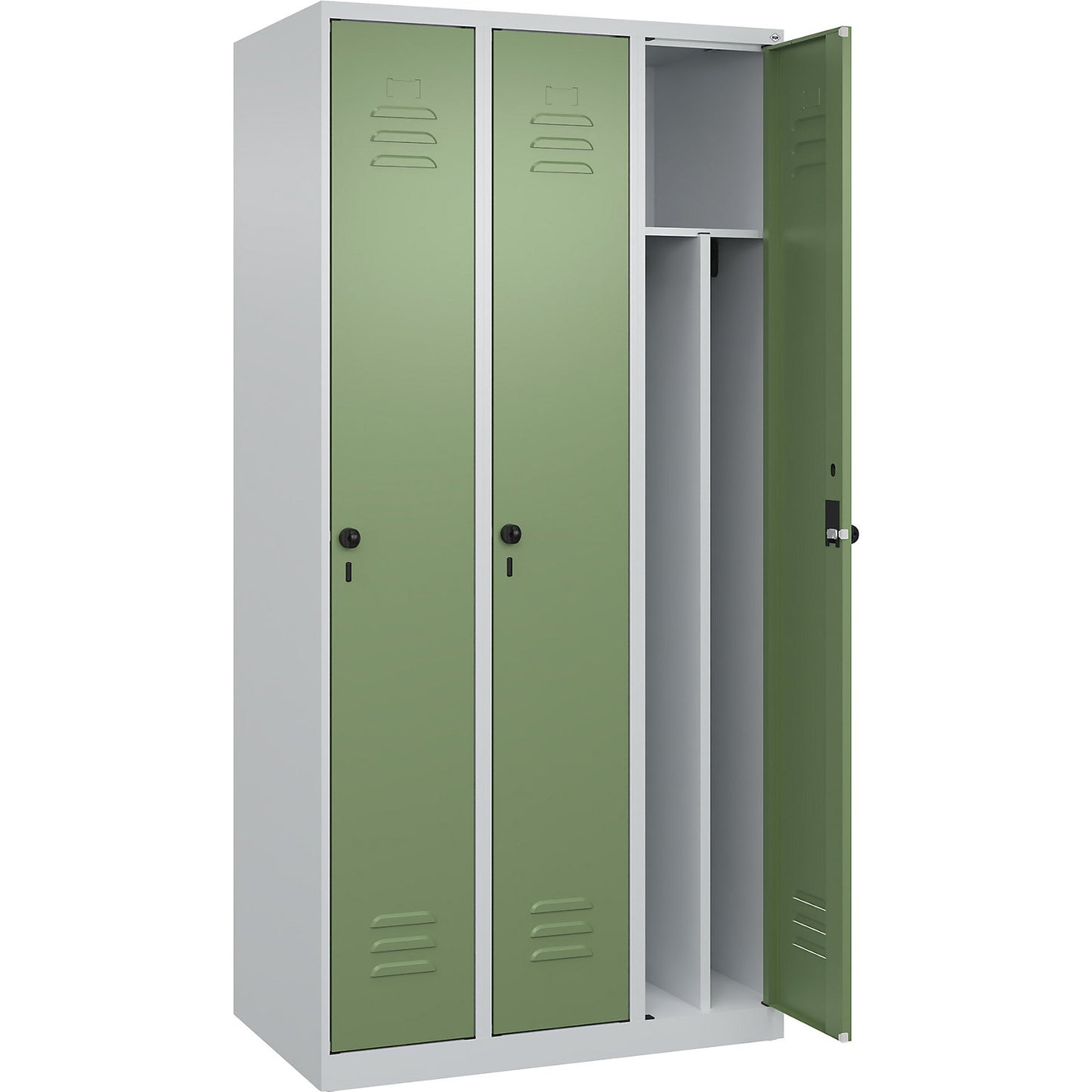 Classic PLUS clean and dirty clothes locker, narrow, 3 compartments, shortened centre divider, light grey/reseda green, W 900 mm, with floor glides, rotary bolt, centre partition.